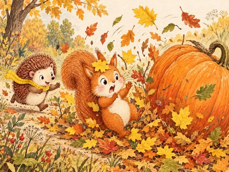 The rolling pumpkin bursts through a pile of autumn leaves beside Sally the orange squirrel.