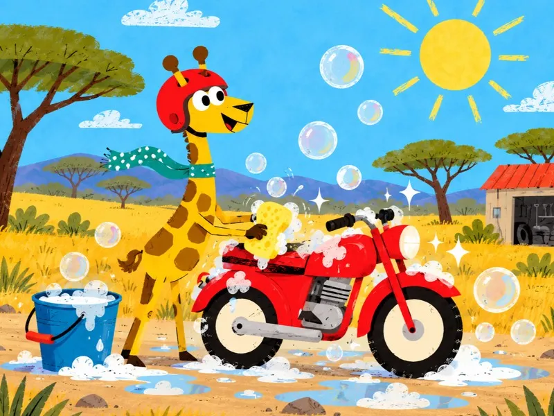 Gigi washes her red motorcycle with a sponge and lots of sparkling bubbles.