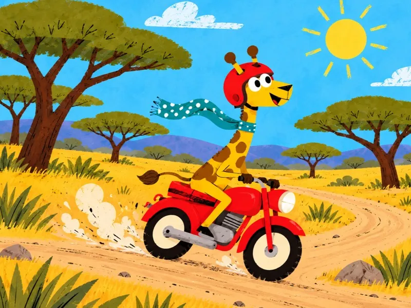 Gigi leans into a bend as she rides between the savanna trees.