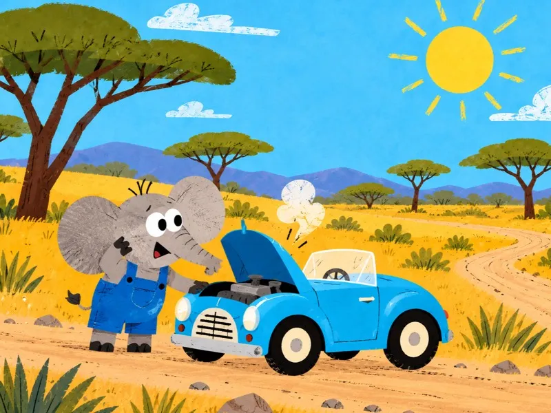 Bimbo stands sadly beside his broken blue car as steam rises from the bonnet.