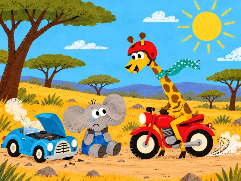 Gigi brakes beside Bimbo and his broken-down car.