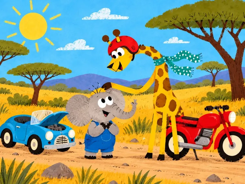 Gigi bends her long neck to comfort Bimbo beside the road.