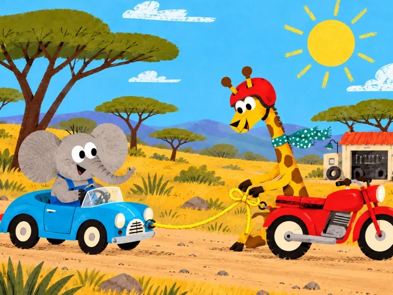 Gigi fastens a yellow tow rope between her motorcycle and Bimbo's blue car.