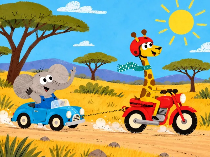 Gigi tows Bimbo's blue car toward the garage while he waves happily.