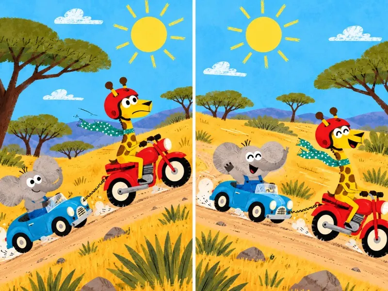 Gigi tows Bimbo up a hill and then down the other side.