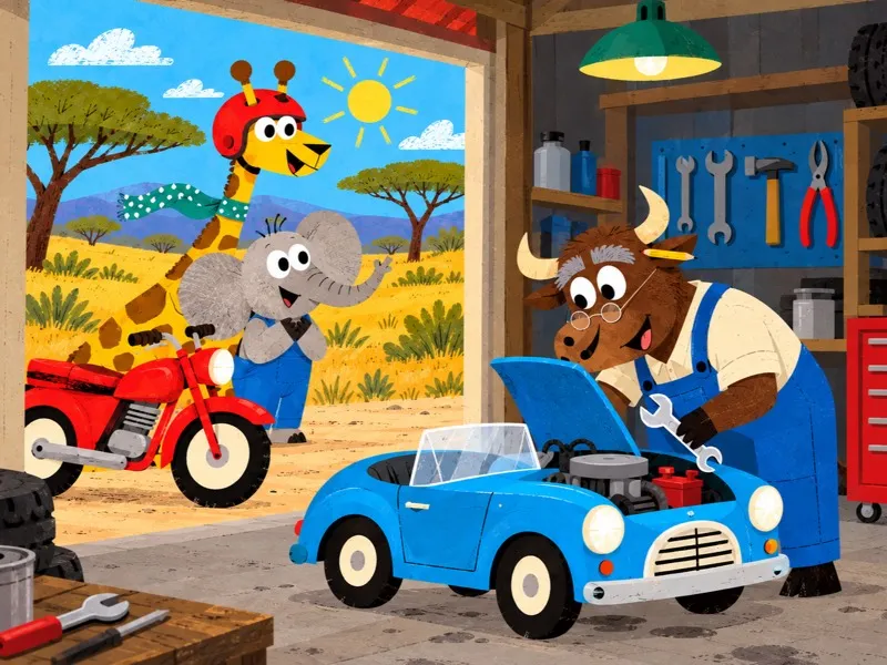 Danny examines the blue car while Gigi and Bimbo watch from the garage doorway.