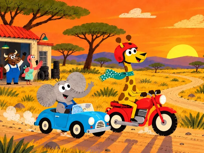 Gigi and Bimbo drive home together beneath the orange sunset.