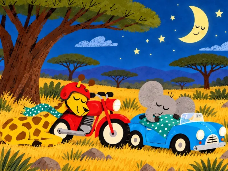 Gigi and Bimbo sleep peacefully beside the motorcycle and blue car under the moon.