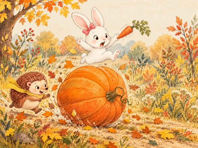 Rosie the white rabbit leaps high as the pumpkin rolls beneath her and her carrot flies into the air.